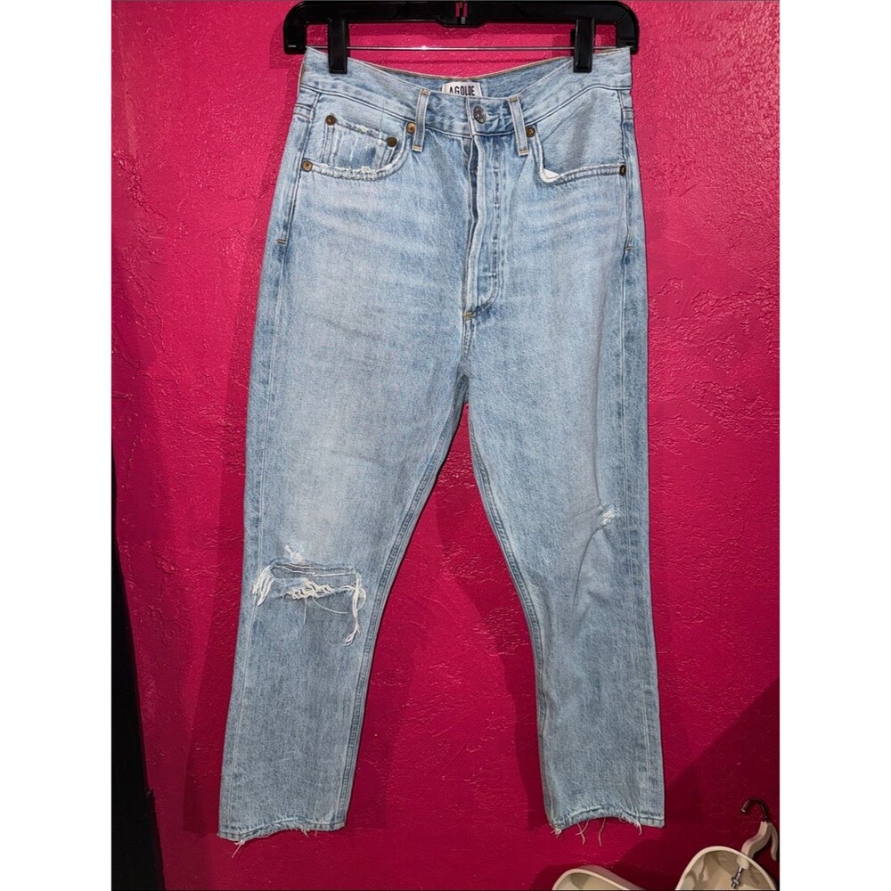 Agolde Light Blue Relaxed Distressed Riley straight leg high raise Jeans. Sz 26